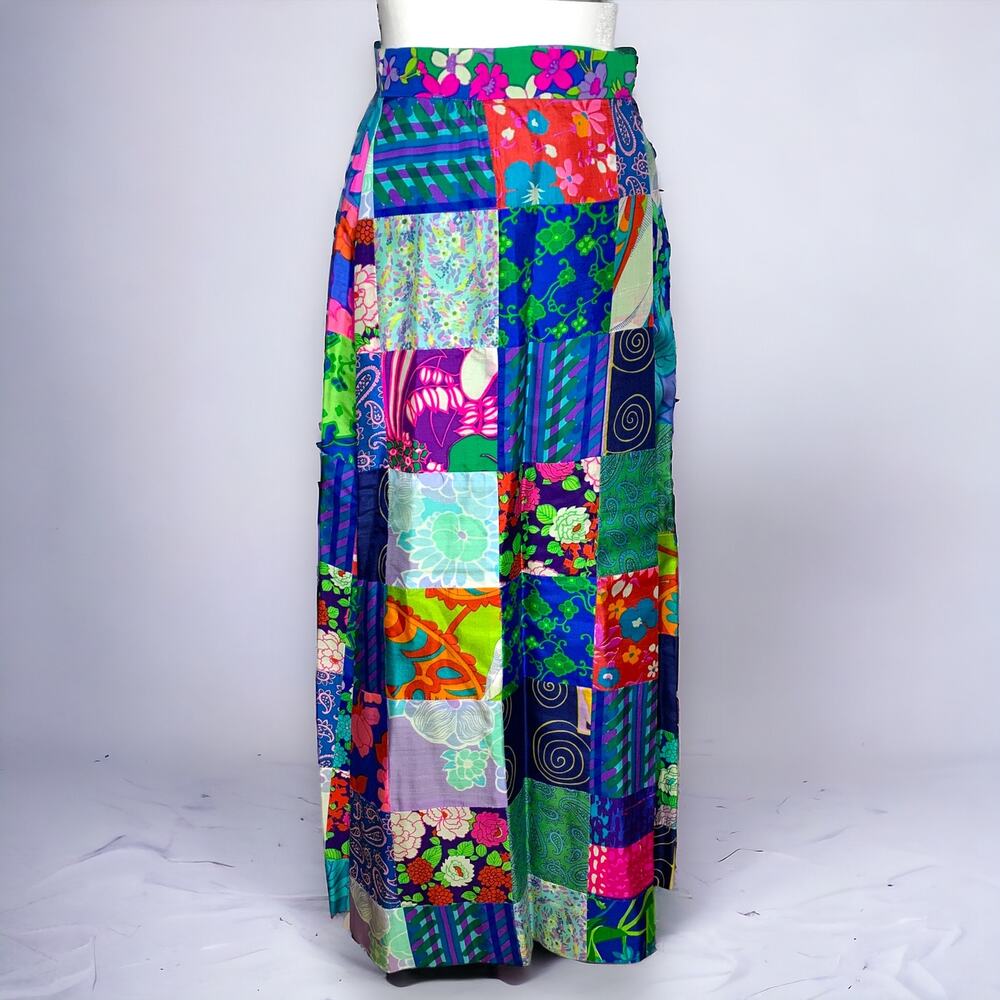 Vintage 60s 70s bohemian boho silk patchwork wrap style maxi skirt XS